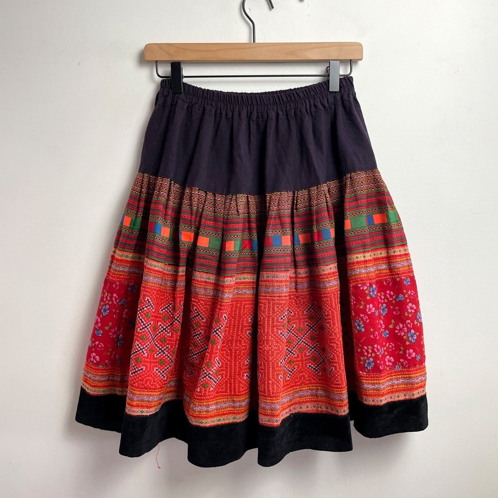 Hmong Hill Tribe Skirt Sz S/M Thai Boho Folk Patchwork Embroidered Vintage